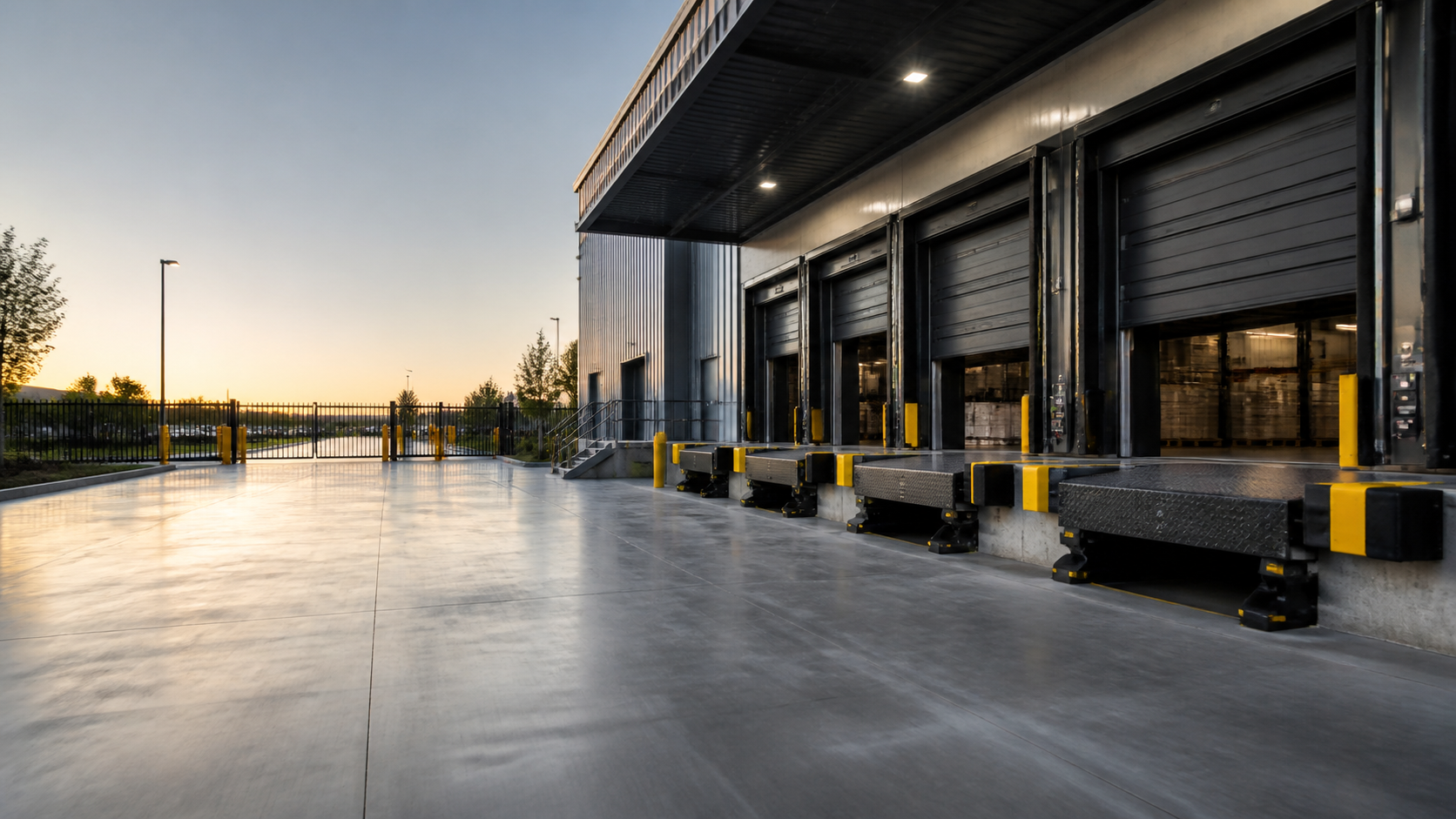 Modern industrial loading dock with overhead doors and dock equipment