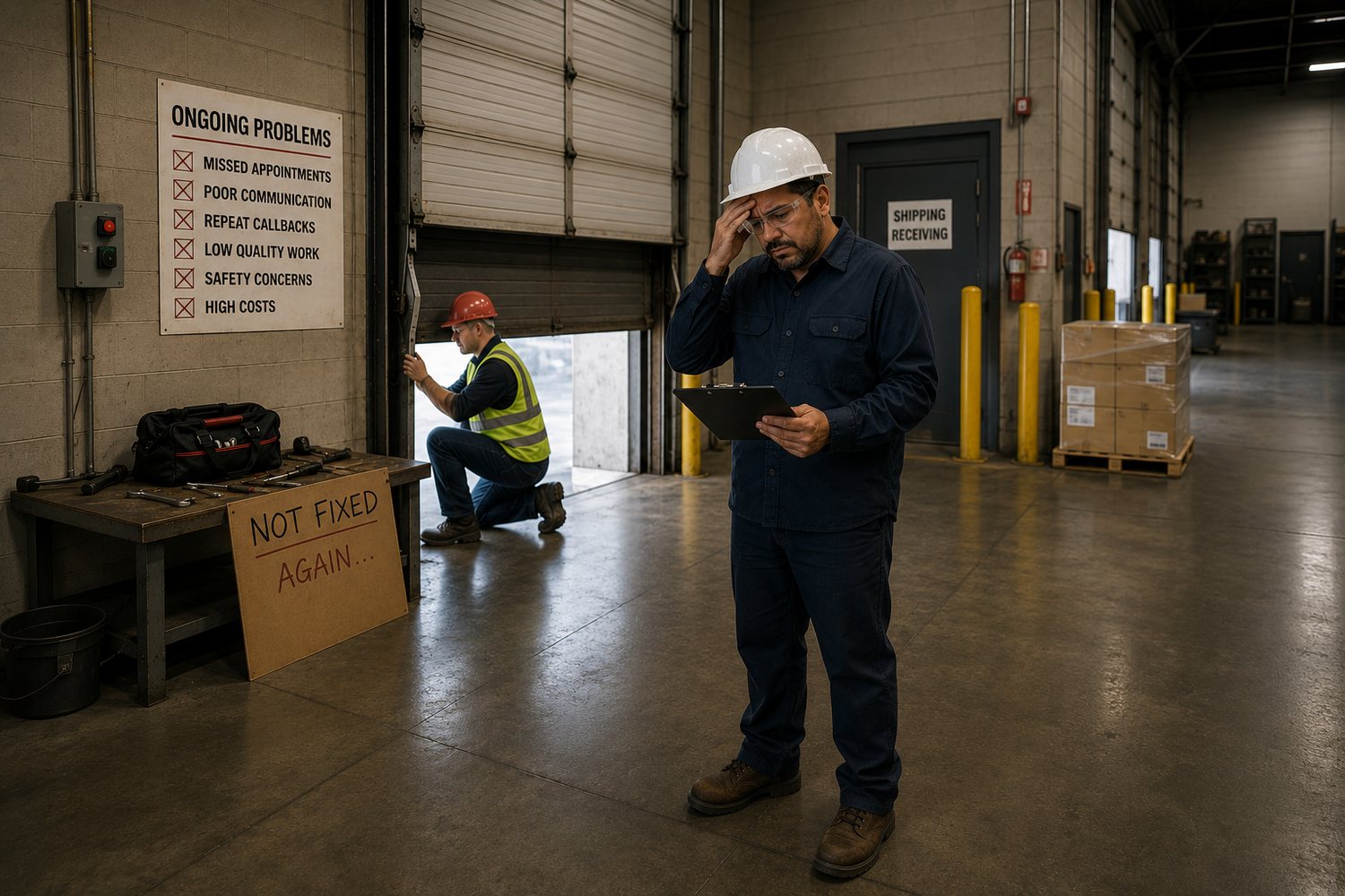 Industrial facility team dealing with recurring service issues and an unresolved door problem