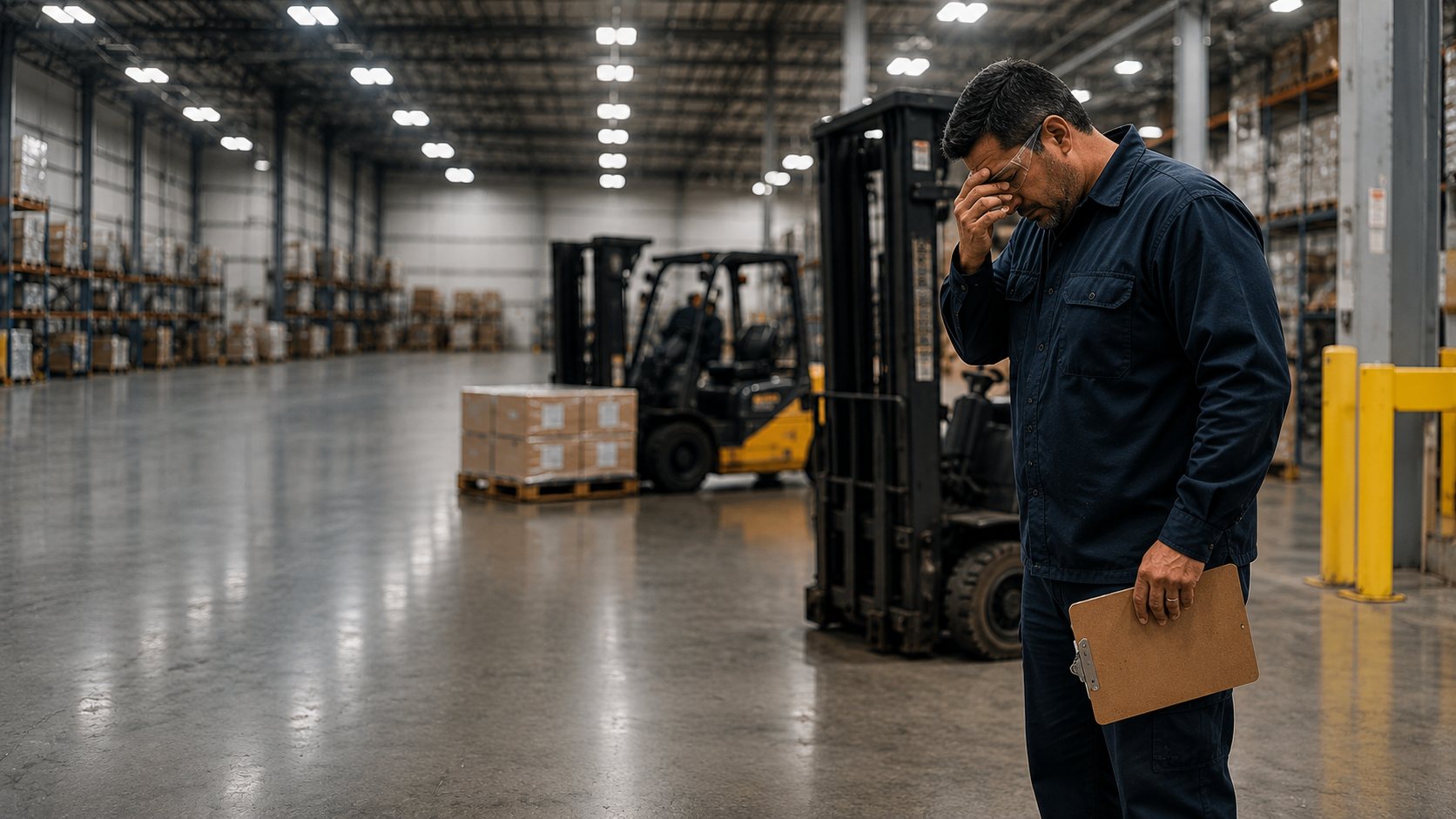 Frustrated facility manager in a warehouse evaluating vendor service problems